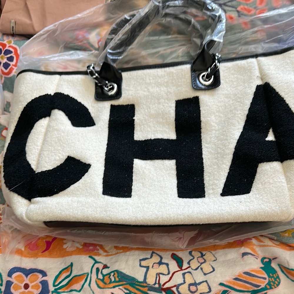 CHANEL Black and White Canvas Tote Bag